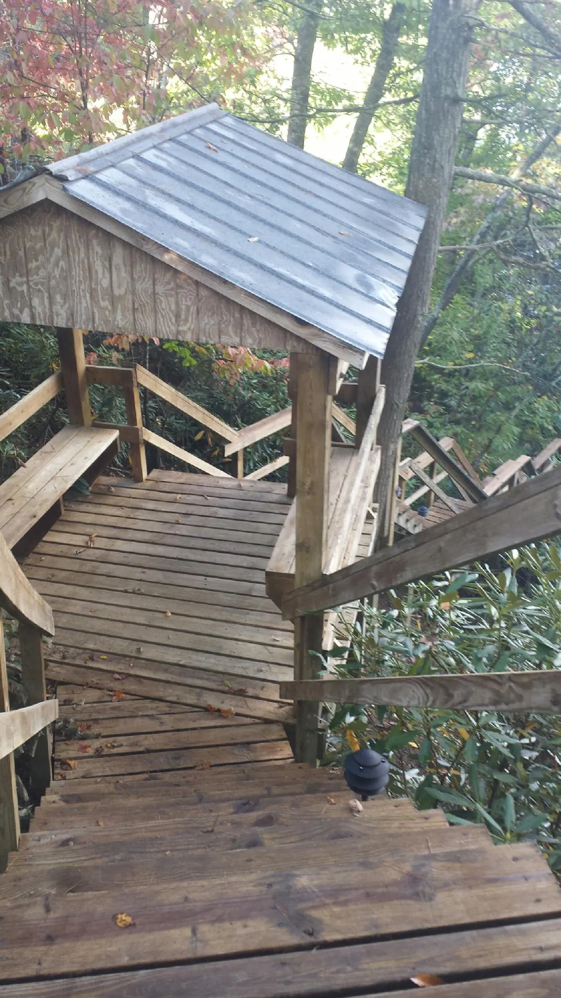 Metal roofed shelter over wooden steps on a wooded walkway — Skylight Repair & Installation work by our crew in Chariton
